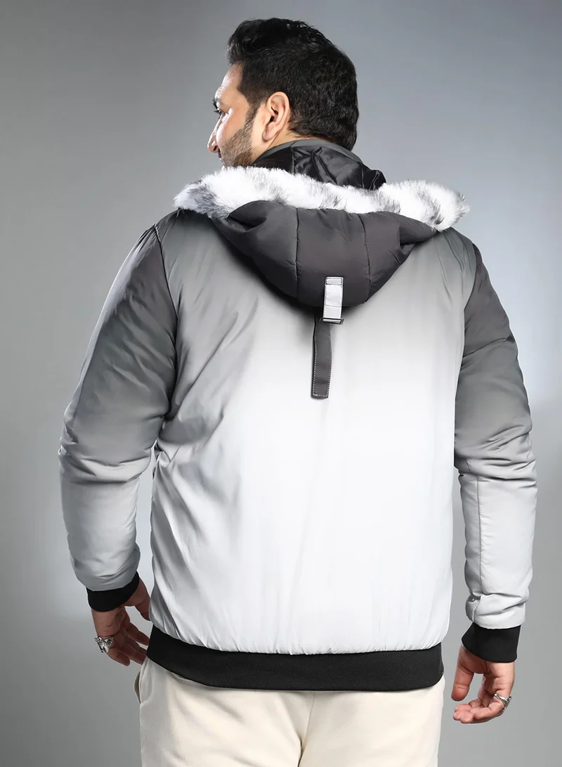 Instafab Plus Instafab Plus Men's Black & Grey Ombre Puffer Jacket With Fleece Hood For Casual Wear | Hooded Neck | Long Cuffed Sleeves | Zipper Closure | Plus Size Jacket Crafted With Comfort Fit For Everyday Wear