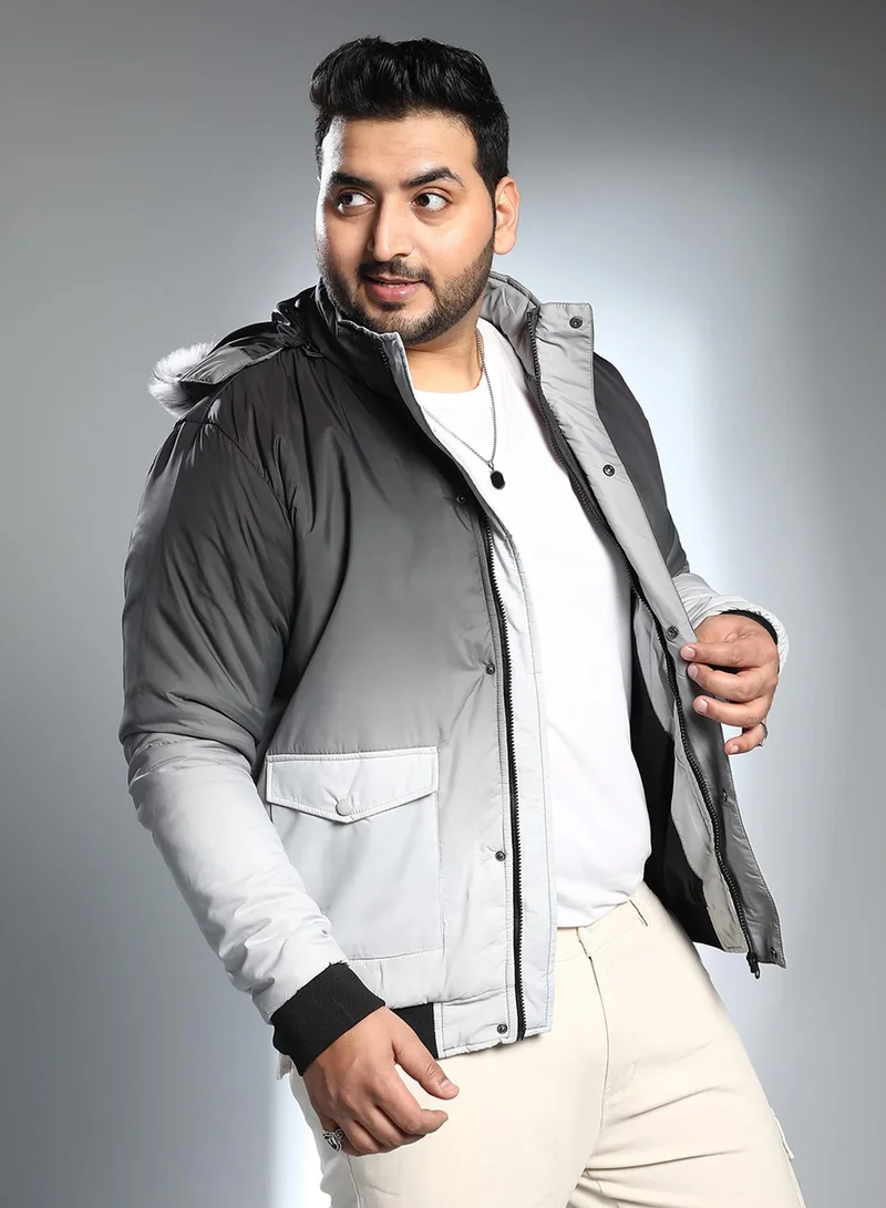 Instafab Plus Instafab Plus Men's Black & Grey Ombre Puffer Jacket With Fleece Hood For Casual Wear | Hooded Neck | Long Cuffed Sleeves | Zipper Closure | Plus Size Jacket Crafted With Comfort Fit For Everyday Wear