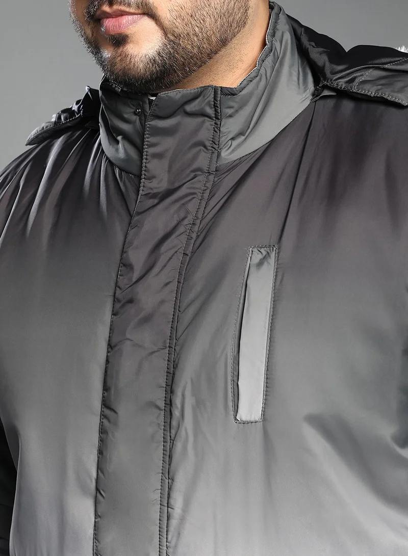 Instafab Plus Instafab Plus Men's Black & Grey Ombre Puffer Jacket With Fleece Hood For Casual Wear | Hooded Neck | Long Cuffed Sleeves | Zipper Closure | Plus Size Jacket Crafted With Comfort Fit For Everyday Wear