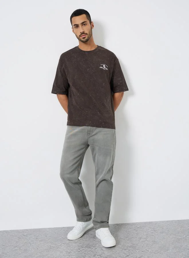Styli Men Brown Acid Wash Graphic Print Oversized T-Shirt