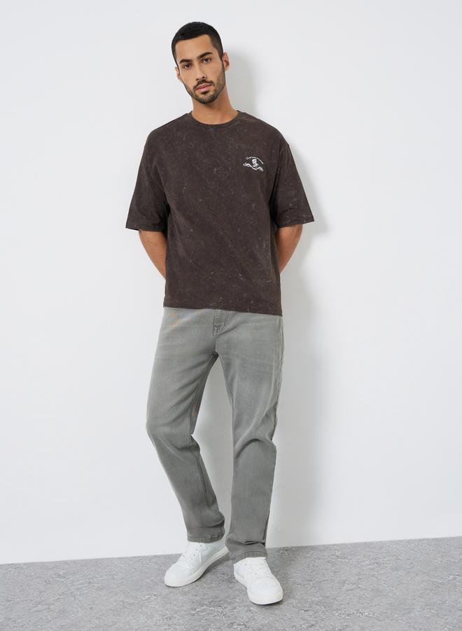 Styli Men Brown Acid Wash Graphic Print Oversized T-Shirt - Image 2