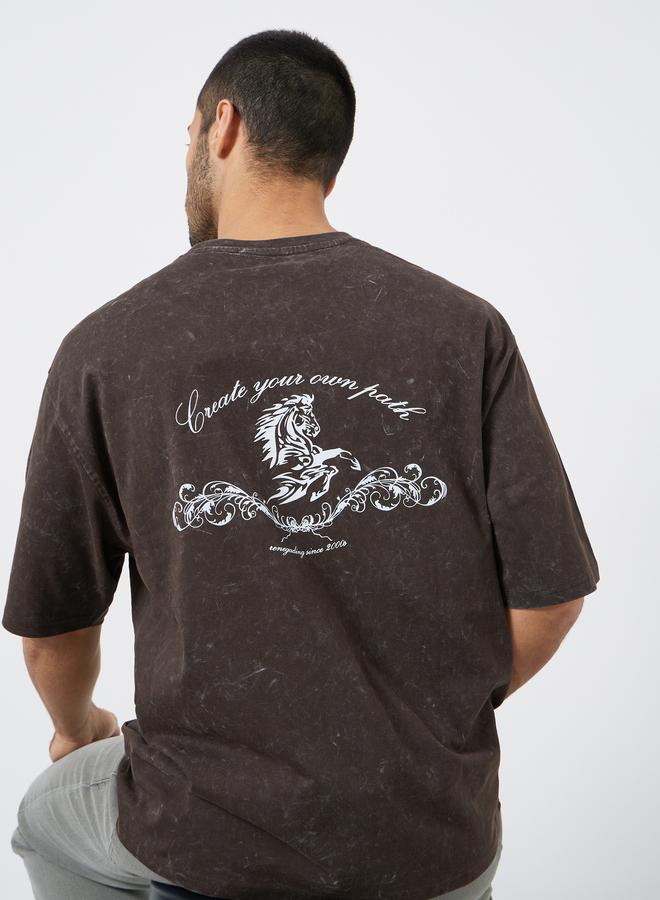 Styli Men Brown Acid Wash Graphic Print Oversized T-Shirt - Image 5