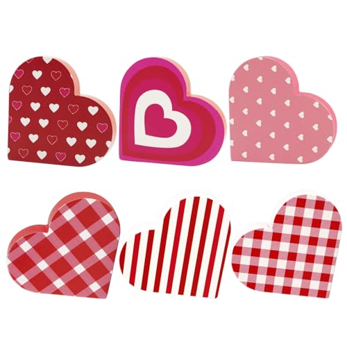 KFJBPB Valentines Day Decor, 6 PCS Double Sided Wooden Hearts Signs Cute Hearts Decorations for Tiered Tray Home Table Sweetheart Shelf Mantel Office Valentine Decoration - Image 1