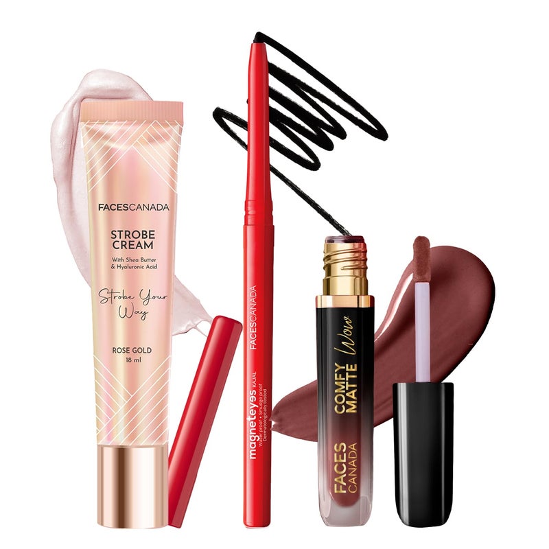 Facescanada FACES CANADA Super Easy Glam Combo  Strobe Cream  Rose Gold 18 ml  Magneteyes Kajal  Black 035 gm  Comfy Matte Wow Liquid Lipstick  Cocoa Crush 07 38 ml  Illuminating  Glowing Makeup Base  Highly Pigmented - Image 1