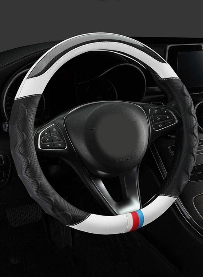 غطاء عجلة القيادة للسيارة من ألياف الكربون باللونين الأسود والأبيض للرجال ، غطاء عجلة القيادة عديم الرائحة مانع للانزلاق ومقاوم للانزلاق ، غطاء مقود دائري قابل للتنفس للسيدات - Image 4