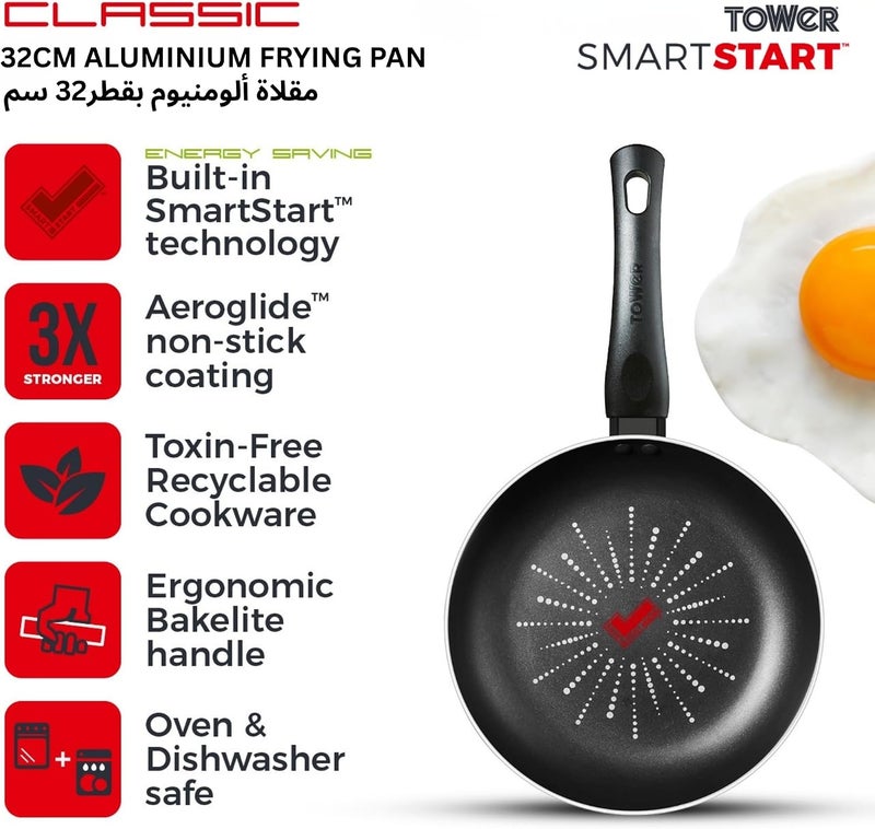 Tower SmartStart Classic 32cm Aluminium Frying Pan | Aeroglide PFOA Free Non-Stick Coating Skillet | Built-In Temperature Indicator | Oven & Dishwasher Safe | Gas Hob Compatible Fry Pan | Black - Image 2