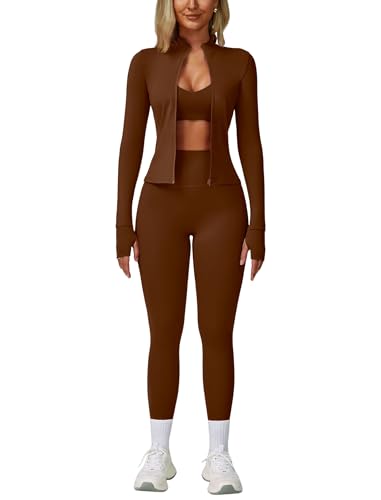 ABOCIW 3 Piece Workout Sets for Women Zipper Long Sleeve Jacket with Thumb Holes V Neck Racerback Sports Bra High Waist Leggings Gym Sets Yoga Pilates Outfits Brown Medium - Image 1