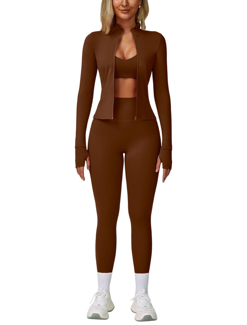 ABOCIW 3 Piece Workout Sets for Women Zipper Long Sleeve Jacket with Thumb Holes V Neck Racerback Sports Bra High Waist Leggings Gym Sets Yoga Pilates Outfits Brown Medium - Image 2