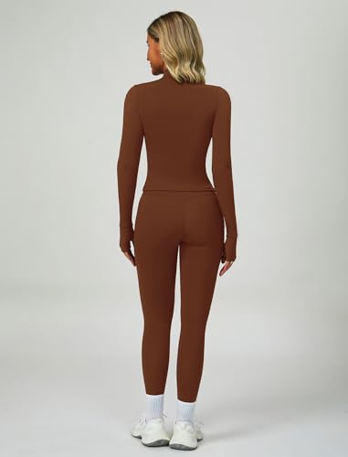 ABOCIW 3 Piece Workout Sets for Women Zipper Long Sleeve Jacket with Thumb Holes V Neck Racerback Sports Bra High Waist Leggings Gym Sets Yoga Pilates Outfits Brown Medium - Image 3