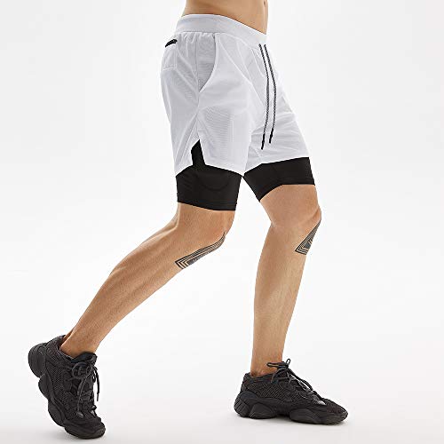 OEBLD Gym Shorts Men for Running, Training, Mens Athletic Workout Shorts with Compression Mesh Liner, Quick Dry, Lightweight, Phone Pocket, Towel Loop, 7inch White - Image 4