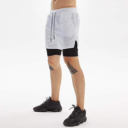 OEBLD Gym Shorts Men for Running, Training, Mens Athletic Workout Shorts with Compression Mesh Liner, Quick Dry, Lightweight, Phone Pocket, Towel Loop, 7inch White - Image 3