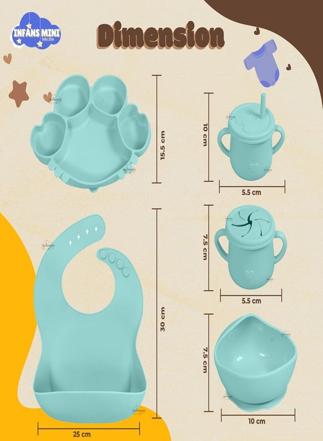 Infans Mini طقم تغذية الأطفال من السيليكون من إنفانز، 7 قطع، خالٍ من مادة BPA، آمن للاستخدام في الميكروويف، طقم أدوات مائدة للأطفال الرضع والصغار، مريلة سيليكون، أدوات مائدة للأطفال (أخضر) - Image 4