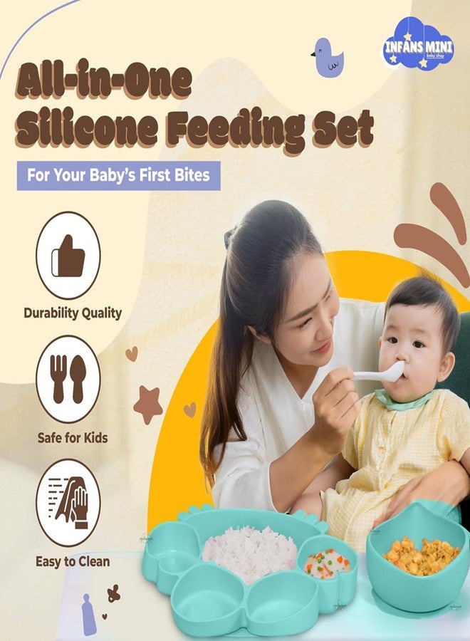 Infans Mini طقم تغذية الأطفال من السيليكون من إنفانز، 7 قطع، خالٍ من مادة BPA، آمن للاستخدام في الميكروويف، طقم أدوات مائدة للأطفال الرضع والصغار، مريلة سيليكون، أدوات مائدة للأطفال (أخضر) - Image 2