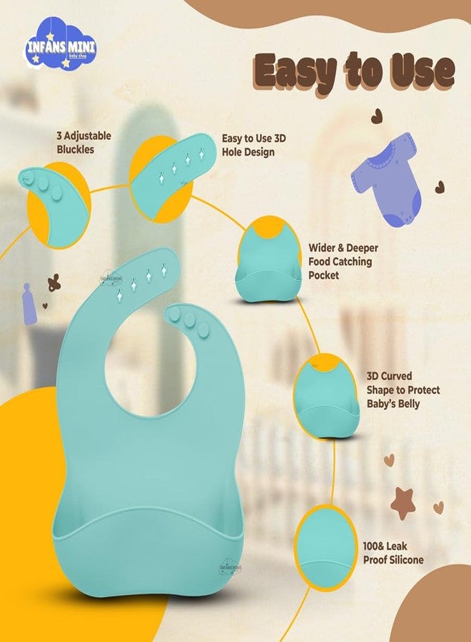 Infans Mini طقم تغذية الأطفال من السيليكون من إنفانز، 7 قطع، خالٍ من مادة BPA، آمن للاستخدام في الميكروويف، طقم أدوات مائدة للأطفال الرضع والصغار، مريلة سيليكون، أدوات مائدة للأطفال (أخضر) - Image 5