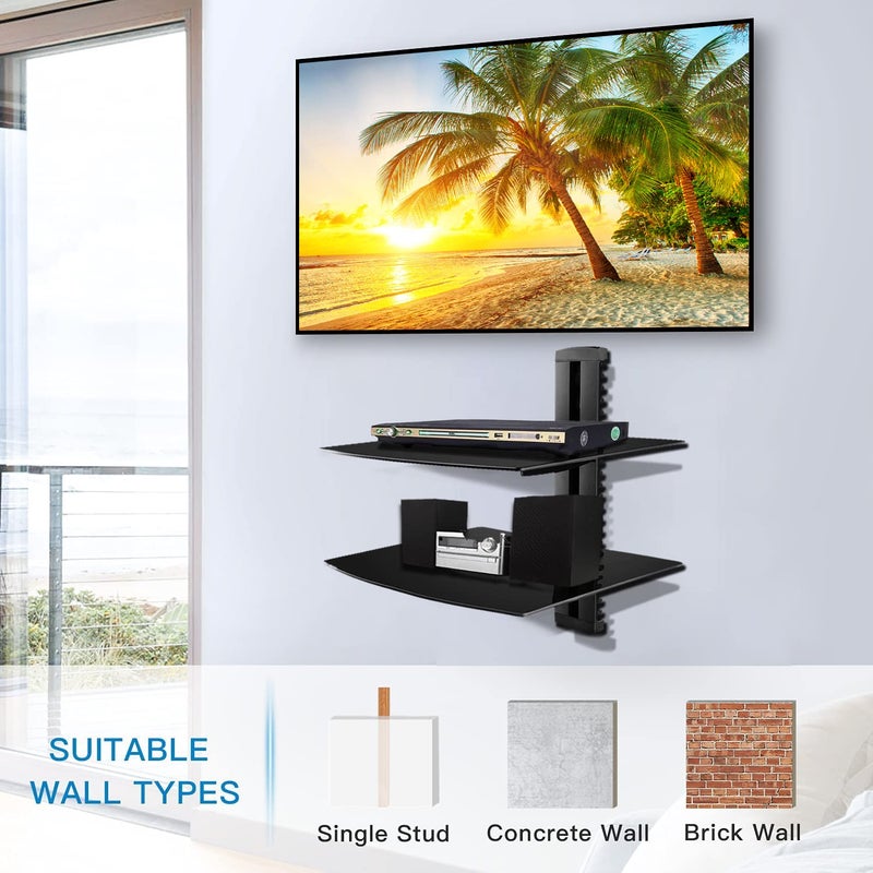 Suptek Glass Floating Shelves, TV Wall Mount with Shelf for DVD Player / PS4 / Cable Boxes/Game Consoles/Sky Box/TV Accessories, Flat Black 2-Tier Wall Mount Bracket - Image 2