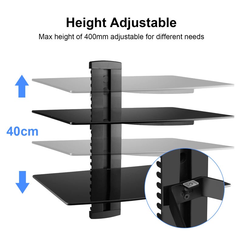 Suptek Glass Floating Shelves, TV Wall Mount with Shelf for DVD Player / PS4 / Cable Boxes/Game Consoles/Sky Box/TV Accessories, Flat Black 2-Tier Wall Mount Bracket - Image 4