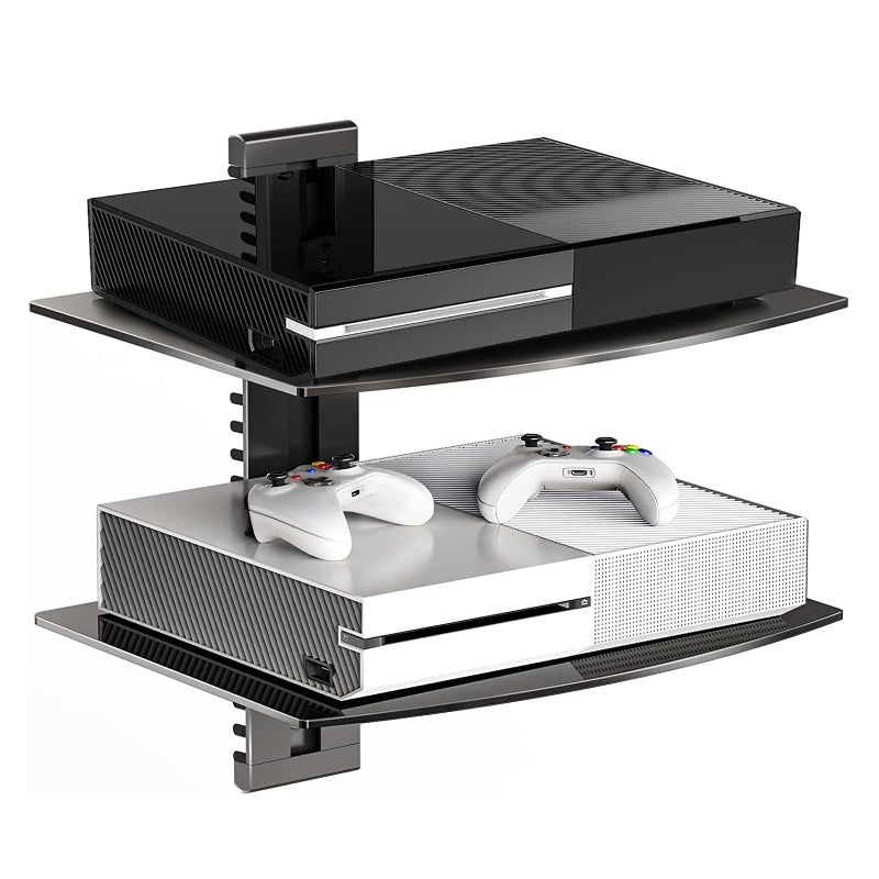 Suptek Glass Floating Shelves, TV Wall Mount with Shelf for DVD Player / PS4 / Cable Boxes/Game Consoles/Sky Box/TV Accessories, Flat Black 2-Tier Wall Mount Bracket - Image 1