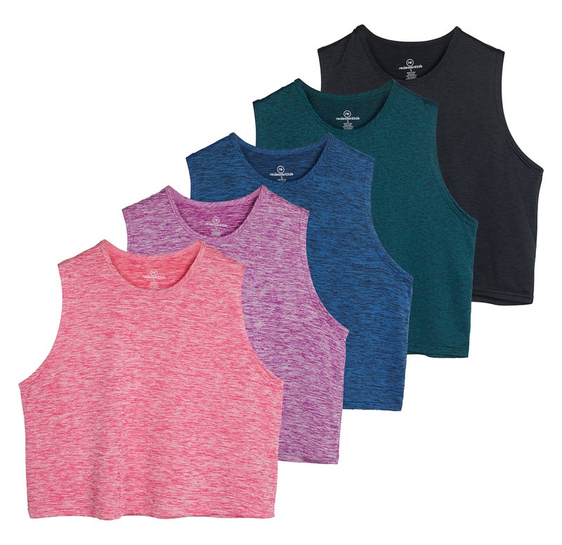 REALESSENTIALS Real Essentials 5 Pack: Women's Dry Fit Crop Summer Tank Top - Gym Yoga Workout Sports Tee (Available in Plus Size) Set 1, L - Image 1