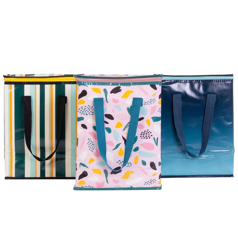 Planet E PLANET E Reusable Grocery and Picnic Bags  Colorful Collapsible Multipurpose Heavy Duty Utility Tote with Insulated Zippered Cooler Pack of 3