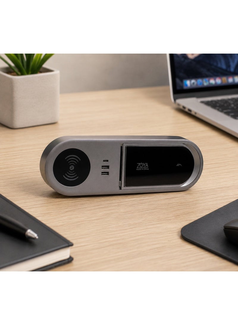 زويا مشترك مكتب بيضوي وش قلاب  رمادي شحن وايرليس+ 2 بريزة انكليزي 16 امبير + ZOYA -90.300 USB 2+TY - Image 1