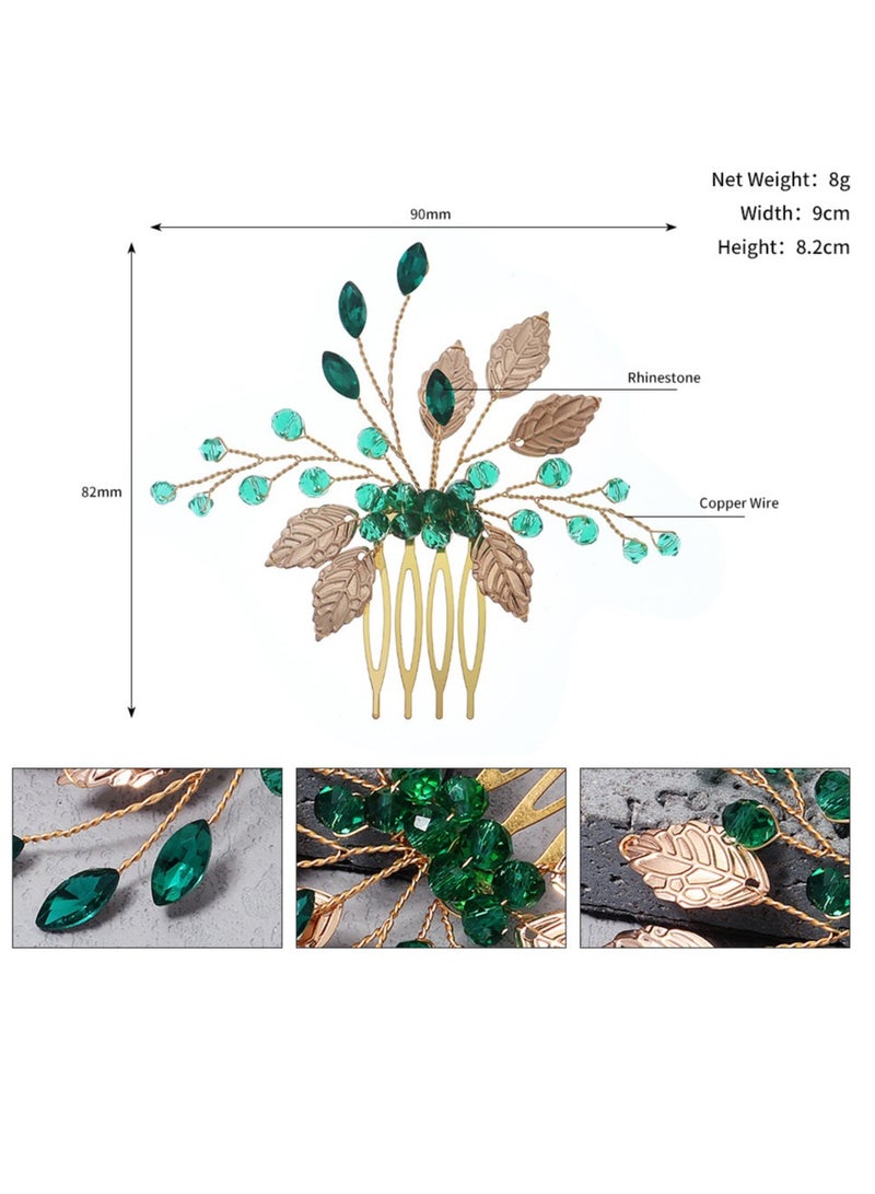 Luckam Wedding Hair Comb, Women Gold Leaf Headpiece Emerald Green Crystal Hair Vine Comb Wedding Hair Accessory Rhinestone Hair Piece Gift for Her Party Headress for Bride Bridesmaid Girls - Image 4