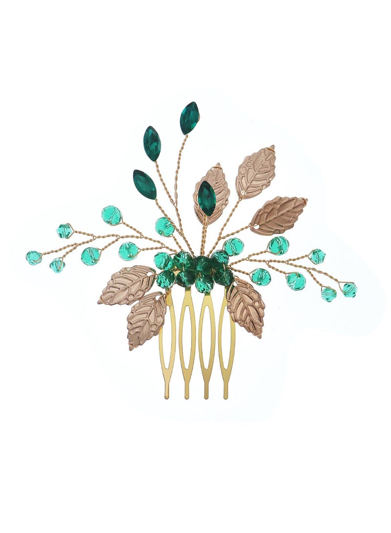 Luckam Wedding Hair Comb, Women Gold Leaf Headpiece Emerald Green Crystal Hair Vine Comb Wedding Hair Accessory Rhinestone Hair Piece Gift for Her Party Headress for Bride Bridesmaid Girls - Image 3