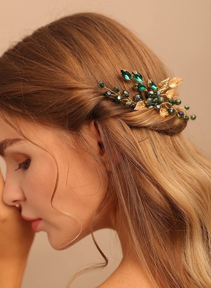 Luckam Wedding Hair Comb, Women Gold Leaf Headpiece Emerald Green Crystal Hair Vine Comb Wedding Hair Accessory Rhinestone Hair Piece Gift for Her Party Headress for Bride Bridesmaid Girls - Image 1