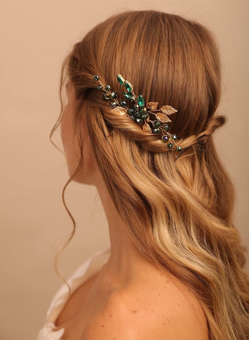 Luckam Wedding Hair Comb, Women Gold Leaf Headpiece Emerald Green Crystal Hair Vine Comb Wedding Hair Accessory Rhinestone Hair Piece Gift for Her Party Headress for Bride Bridesmaid Girls - Image 2