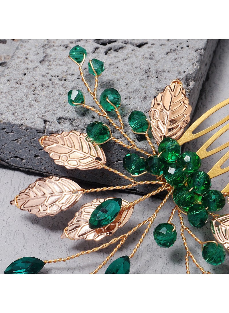 Luckam Wedding Hair Comb, Women Gold Leaf Headpiece Emerald Green Crystal Hair Vine Comb Wedding Hair Accessory Rhinestone Hair Piece Gift for Her Party Headress for Bride Bridesmaid Girls - Image 5