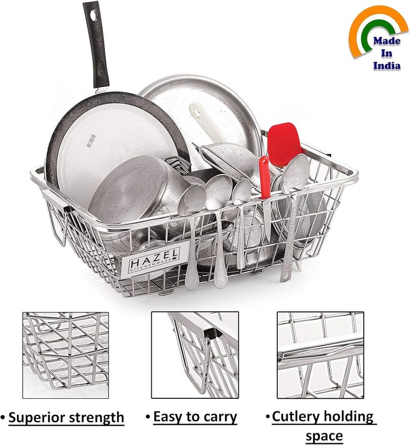 HAZEL Stainless Steel Dish Drainer Bowl Bartan Basket Utensil Drying Rack Rectangle Medium Stand for Kitchen - Image 3