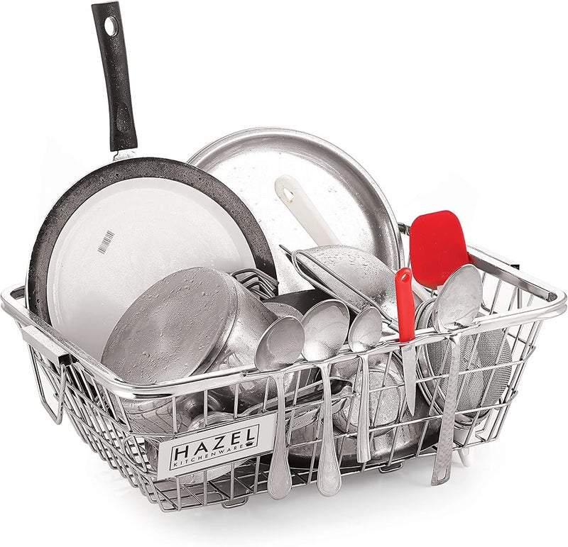 HAZEL Stainless Steel Dish Drainer Bowl Bartan Basket Utensil Drying Rack Rectangle Medium Stand for Kitchen - Image 1