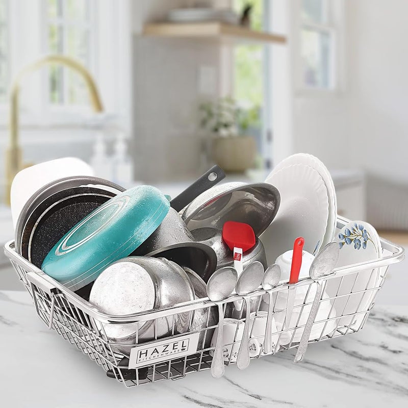 HAZEL Stainless Steel Dish Drainer Bowl Bartan Basket Utensil Drying Rack Rectangle Medium Stand for Kitchen - Image 5