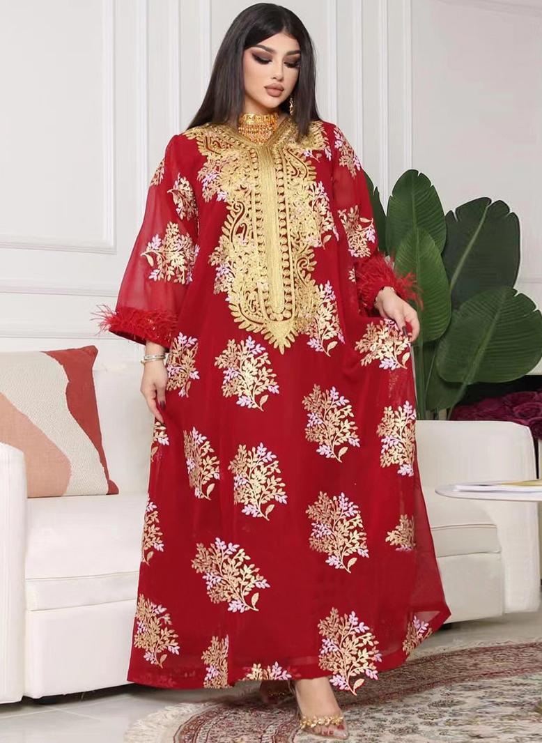 فرايديين نمط المأدبة دائري طباعة تطريز كم منتظم قفطان احمر - Image 1