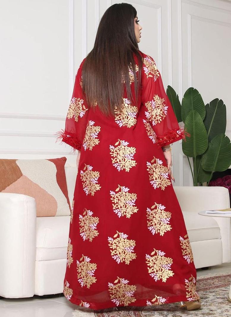 فرايديين نمط المأدبة دائري طباعة تطريز كم منتظم قفطان احمر - Image 3