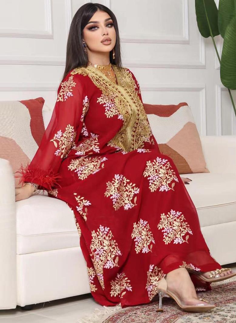 فرايديين نمط المأدبة دائري طباعة تطريز كم منتظم قفطان احمر - Image 4