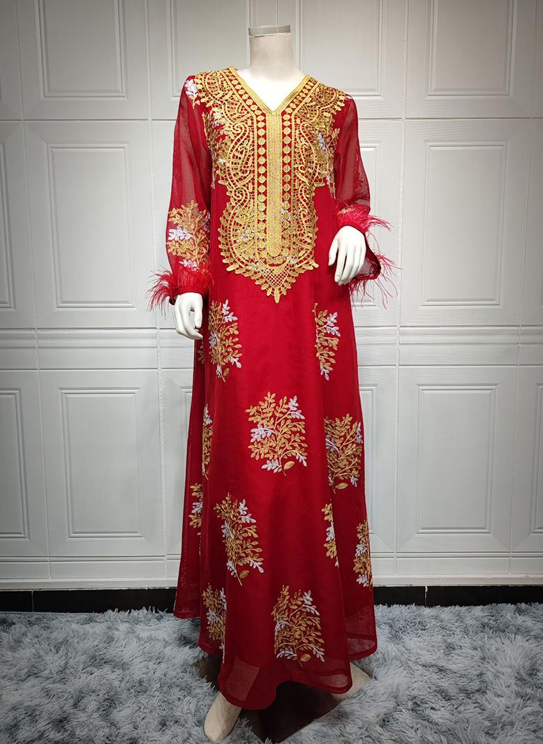 فرايديين نمط المأدبة دائري طباعة تطريز كم منتظم قفطان احمر - Image 5