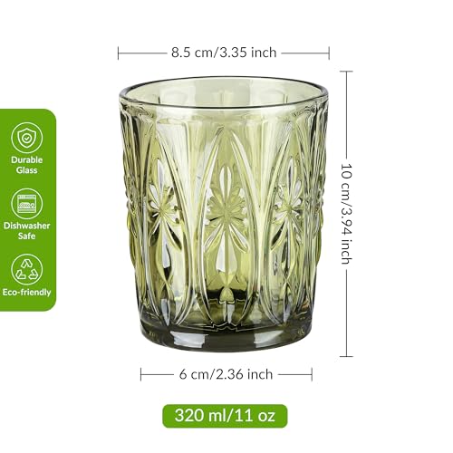 Joeyan Green Vintage Drinking Glasses,Embossed Small Water Glass Tumbler with Floral Design,11oz Colored Decorative Glassware for Beverages Juice Whisky Cocktail Beer Wine,Set of 6,Dishwasher Safe - Image 2