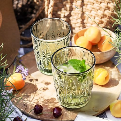 Joeyan Green Vintage Drinking Glasses,Embossed Small Water Glass Tumbler with Floral Design,11oz Colored Decorative Glassware for Beverages Juice Whisky Cocktail Beer Wine,Set of 6,Dishwasher Safe - Image 3