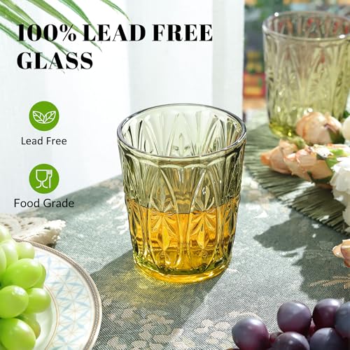 Joeyan Green Vintage Drinking Glasses,Embossed Small Water Glass Tumbler with Floral Design,11oz Colored Decorative Glassware for Beverages Juice Whisky Cocktail Beer Wine,Set of 6,Dishwasher Safe - Image 4
