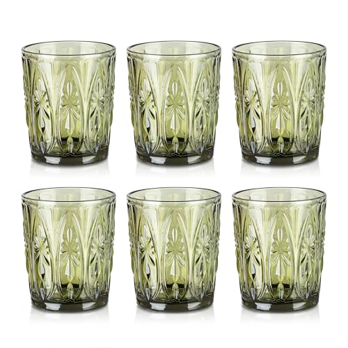 Joeyan Green Vintage Drinking Glasses,Embossed Small Water Glass Tumbler with Floral Design,11oz Colored Decorative Glassware for Beverages Juice Whisky Cocktail Beer Wine,Set of 6,Dishwasher Safe - Image 1