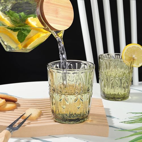 Joeyan Green Vintage Drinking Glasses,Embossed Small Water Glass Tumbler with Floral Design,11oz Colored Decorative Glassware for Beverages Juice Whisky Cocktail Beer Wine,Set of 6,Dishwasher Safe - Image 5
