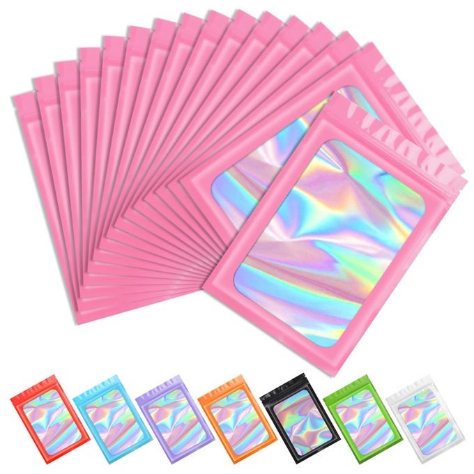 100 PCS PINK HOLOGRAPHIC MYLAR PACKAGING BAGS CLEAR SEALING RESEALABLE SMELL PROOF BAG FOIL POUCH ZIPPER BAG FOR FOOD STORAGELIPGLOSSJEWELRYEYELASH PACKAGING FOR SMALL BUSINESS4X6IN