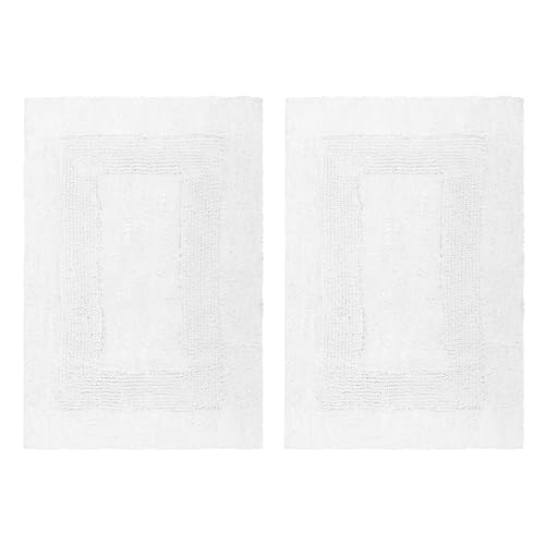 Cotton Craft 2 Piece Reversible Step Out Bath Mat Rug Set 17x24 White, 100% Pure Cotton, Super Soft, Plush & Absorbent, Hand Tufted Heavy Weight Construction, Full Reversible, Rug Pad Recommended - Image 1