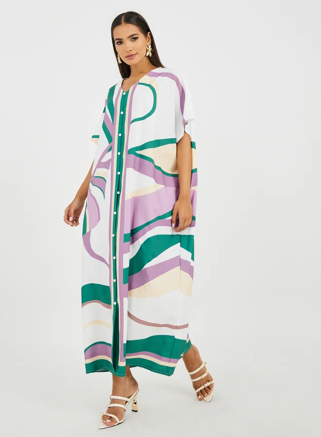 Take Two Take Two All-Over Print V-Neck Kaftan Dress
