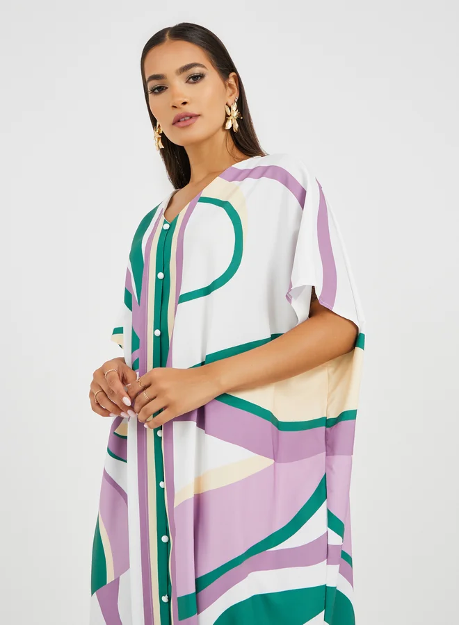 Take Two Take Two All-Over Print V-Neck Kaftan Dress