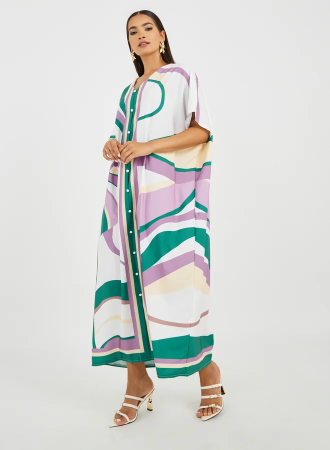 Take Two Take Two All-Over Print V-Neck Kaftan Dress