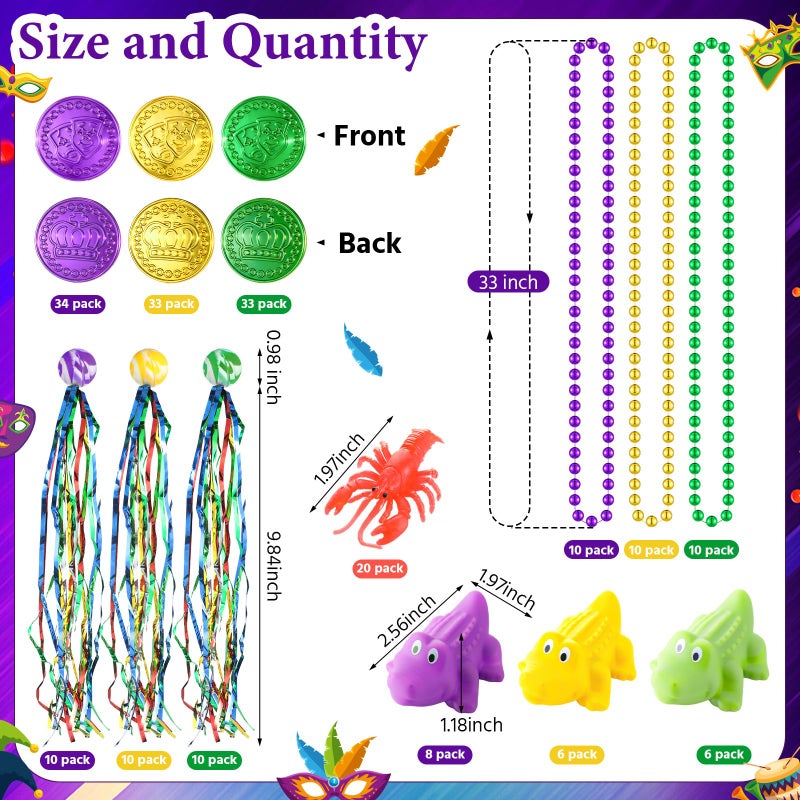 PullCrease 200 Pcs Mardi Gras Parade Throw Bulk Mardi Gras Purple Green Gold Beads Necklaces Plastic Coins Bouncy Balls Alligator Party Favors for Carnival St Patrick Day Celebrations - Image 2