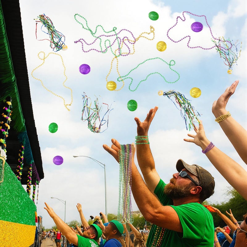 PullCrease 200 Pcs Mardi Gras Parade Throw Bulk Mardi Gras Purple Green Gold Beads Necklaces Plastic Coins Bouncy Balls Alligator Party Favors for Carnival St Patrick Day Celebrations - Image 3