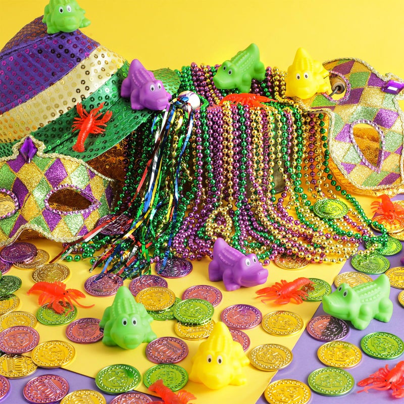 PullCrease 200 Pcs Mardi Gras Parade Throw Bulk Mardi Gras Purple Green Gold Beads Necklaces Plastic Coins Bouncy Balls Alligator Party Favors for Carnival St Patrick Day Celebrations - Image 4