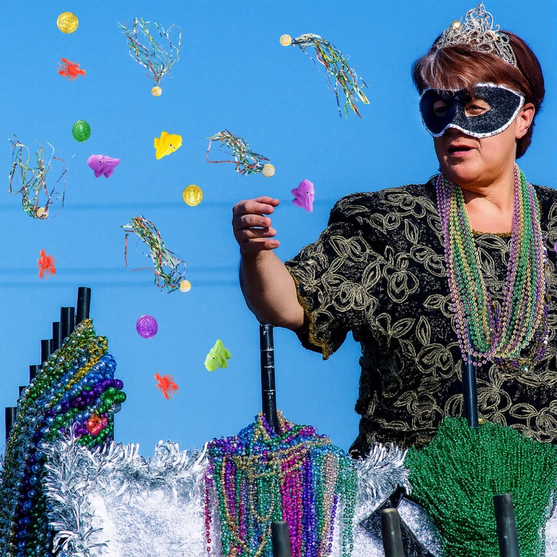 PullCrease 200 Pcs Mardi Gras Parade Throw Bulk Mardi Gras Purple Green Gold Beads Necklaces Plastic Coins Bouncy Balls Alligator Party Favors for Carnival St Patrick Day Celebrations - Image 5